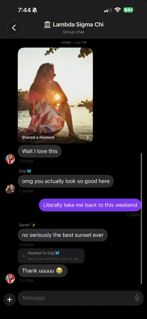Circa Group chat with shared moments and replies