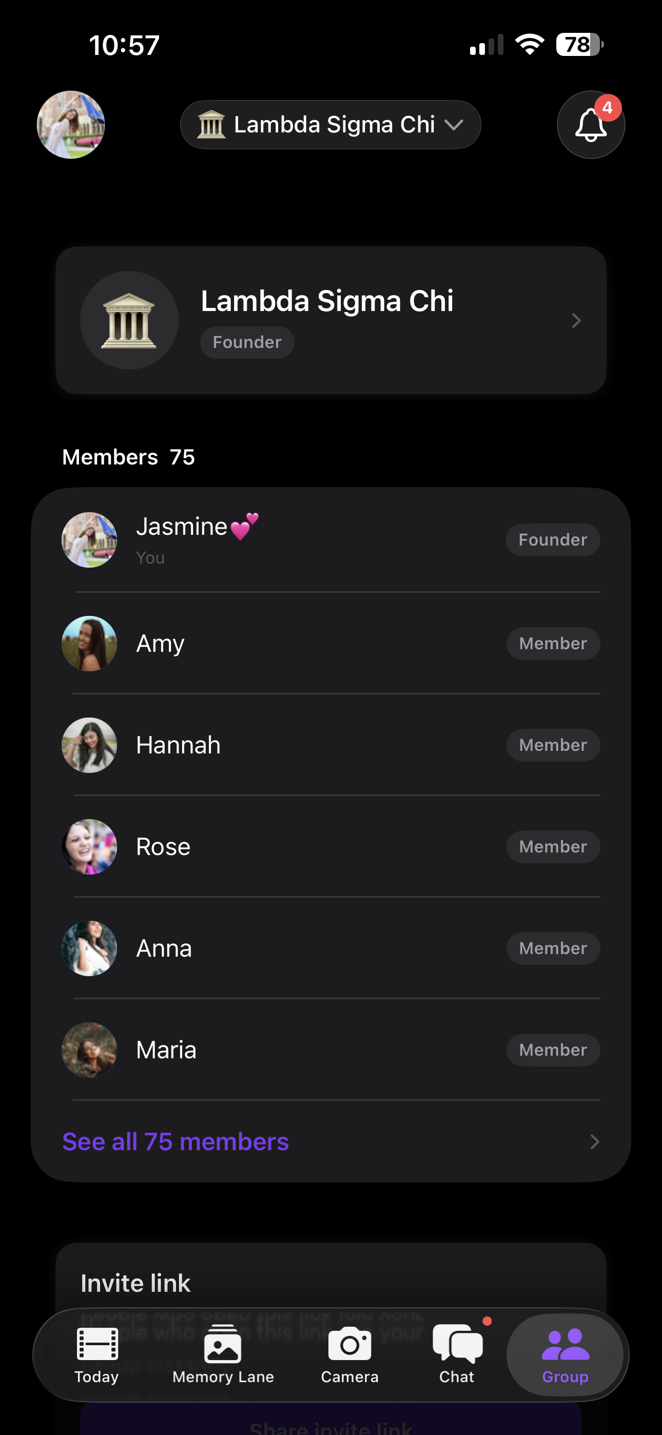 Circa Group tab showing members, roles, and invite link