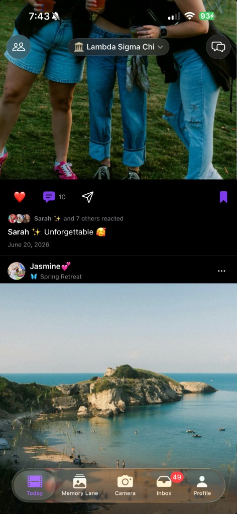 Circa Now feed with Group moments, reactions, and comments
